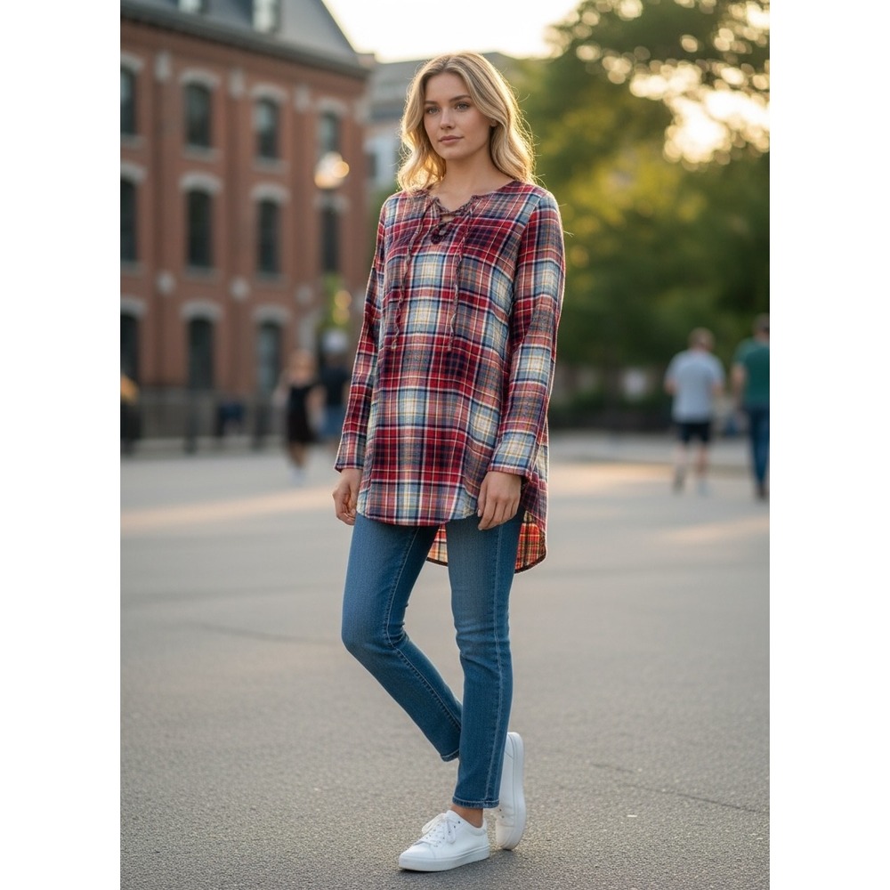 Ruff Hewn Red Plaid Lace Up Tunic‎ Top Womens Medium Cotton Long Sleeve Flannel